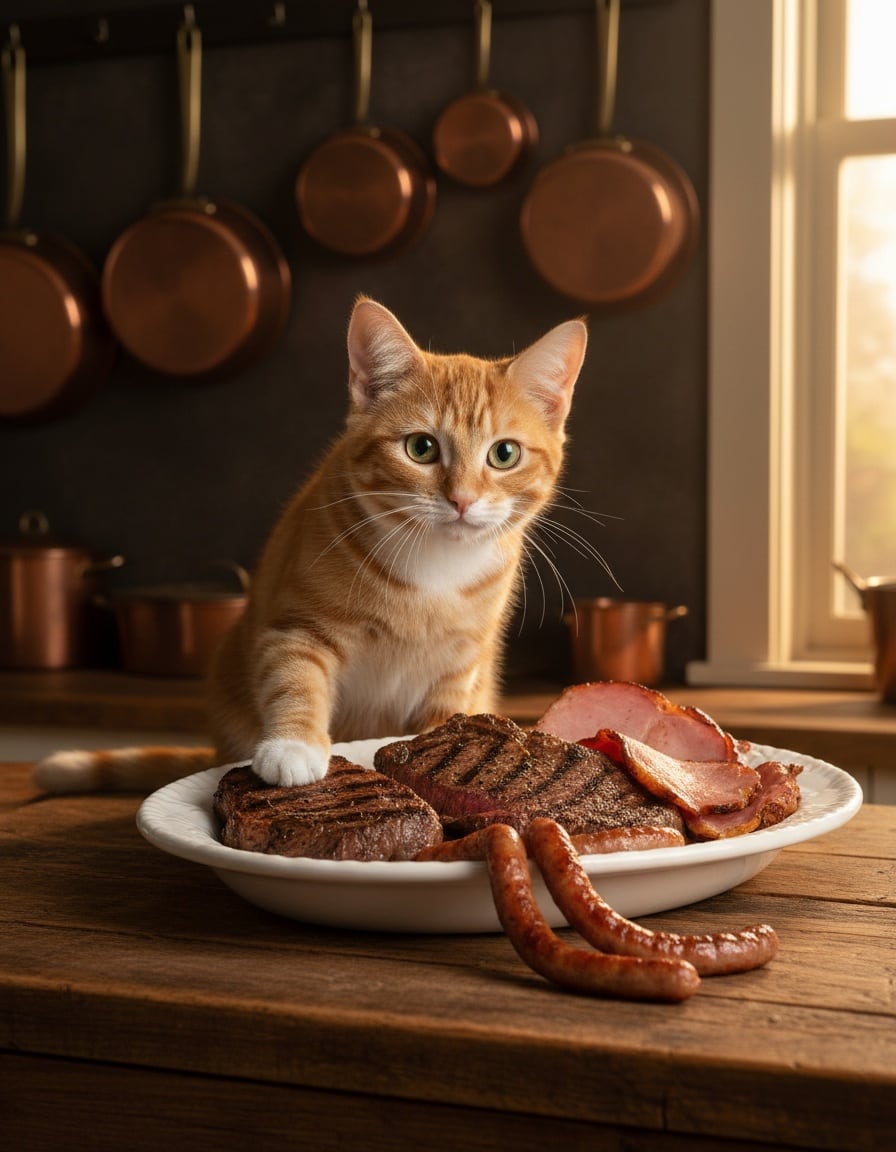 A ginger tabby cat guards a big platter of steak, ham and sausages on a kitchen counter.
