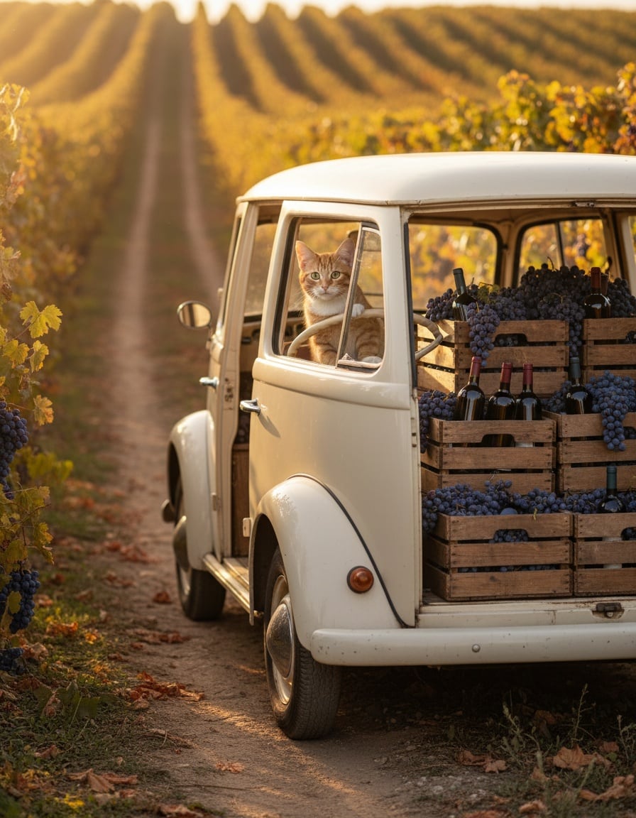A ginger tabby cat drives a small van loaded with crates of wine bottles through a vineyard.