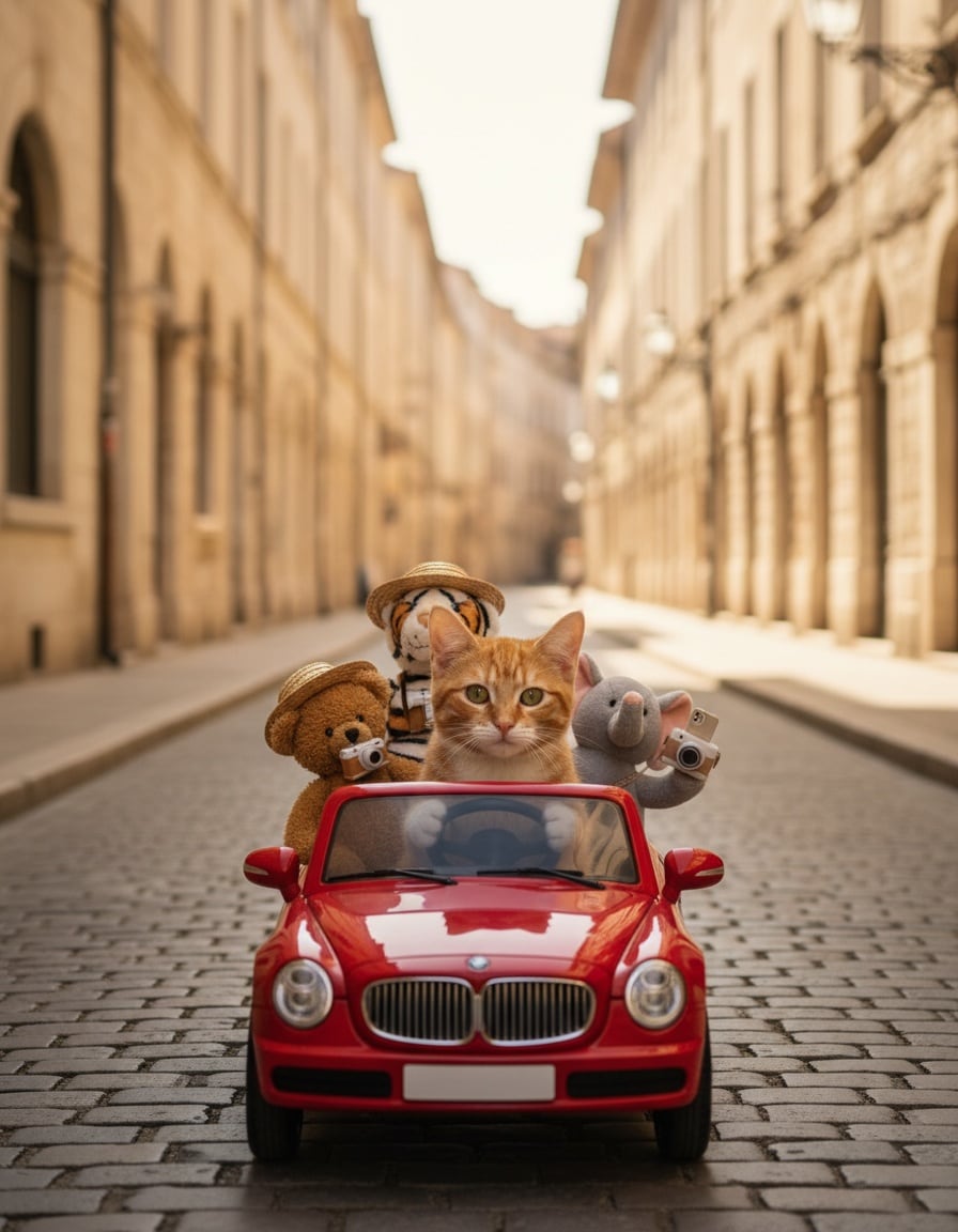 A ginger tabby cat drives a small red open-top car full of toy tourists down a sunny cobbled street.