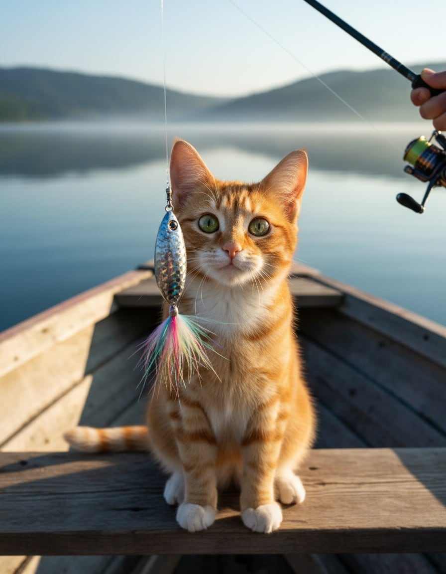 A ginger tabby cat on a fishing boat gazes longingly at a shiny fishing lure hanging from a rod.
