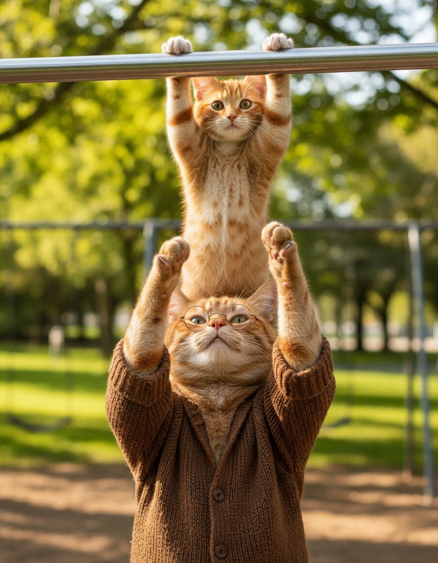 A ginger cat hangs from a playground bar while a bigger cat in glasses and a cardigan holds it up.