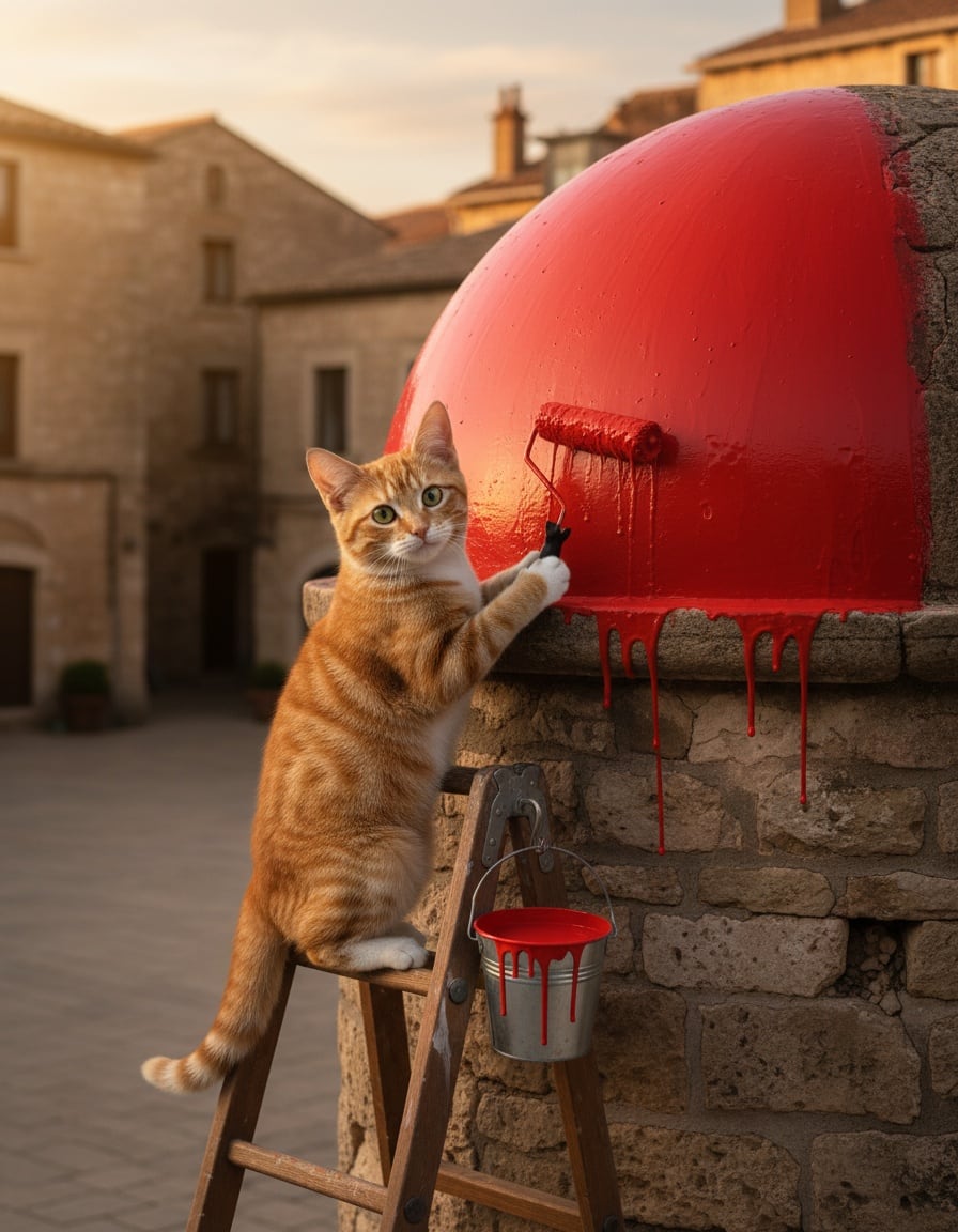 A ginger tabby cat on a ladder paints a large dome bright red in a town square.