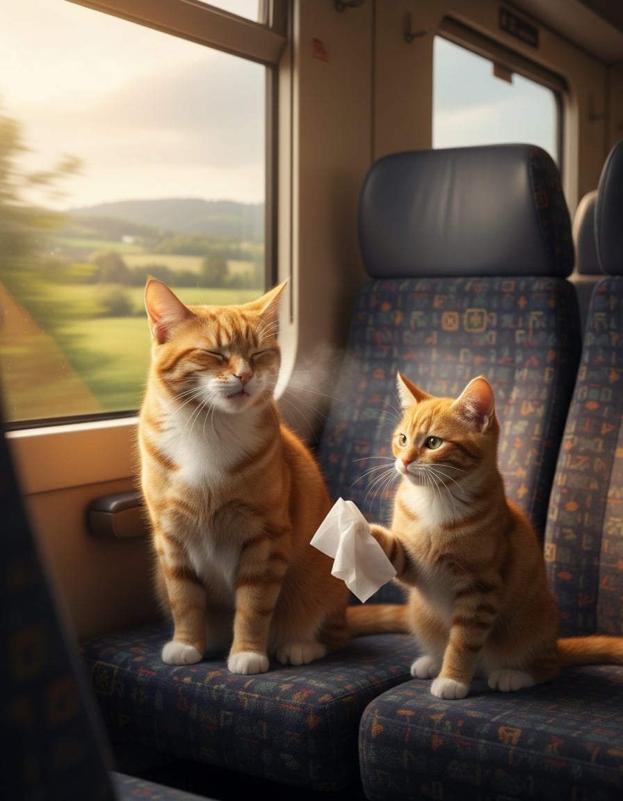 A ginger cat hands a tissue to her look-alike brother cat who is sneezing on a train.