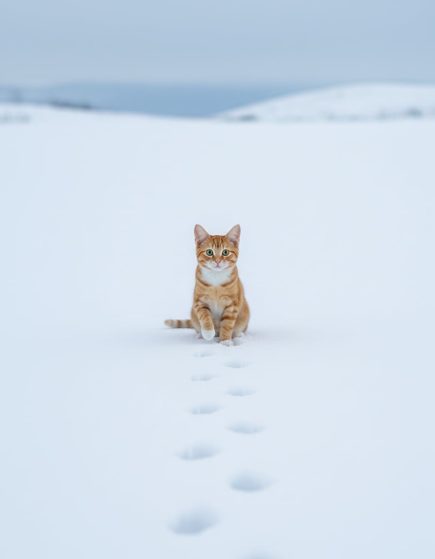A single ginger tabby cat sits alone in a wide snowfield, holding up one paw.