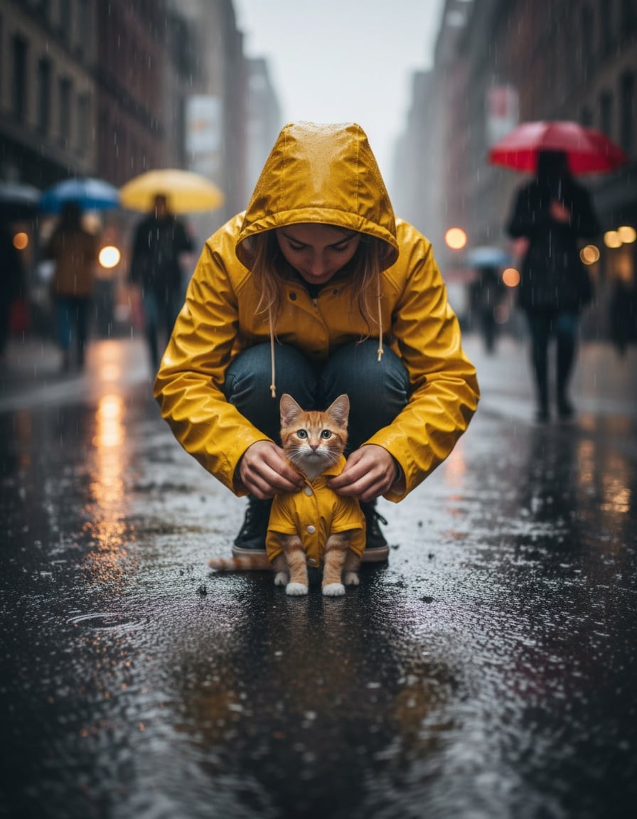 A ginger cat buttons a matching yellow raincoat onto her kitten sister on a rainy street.