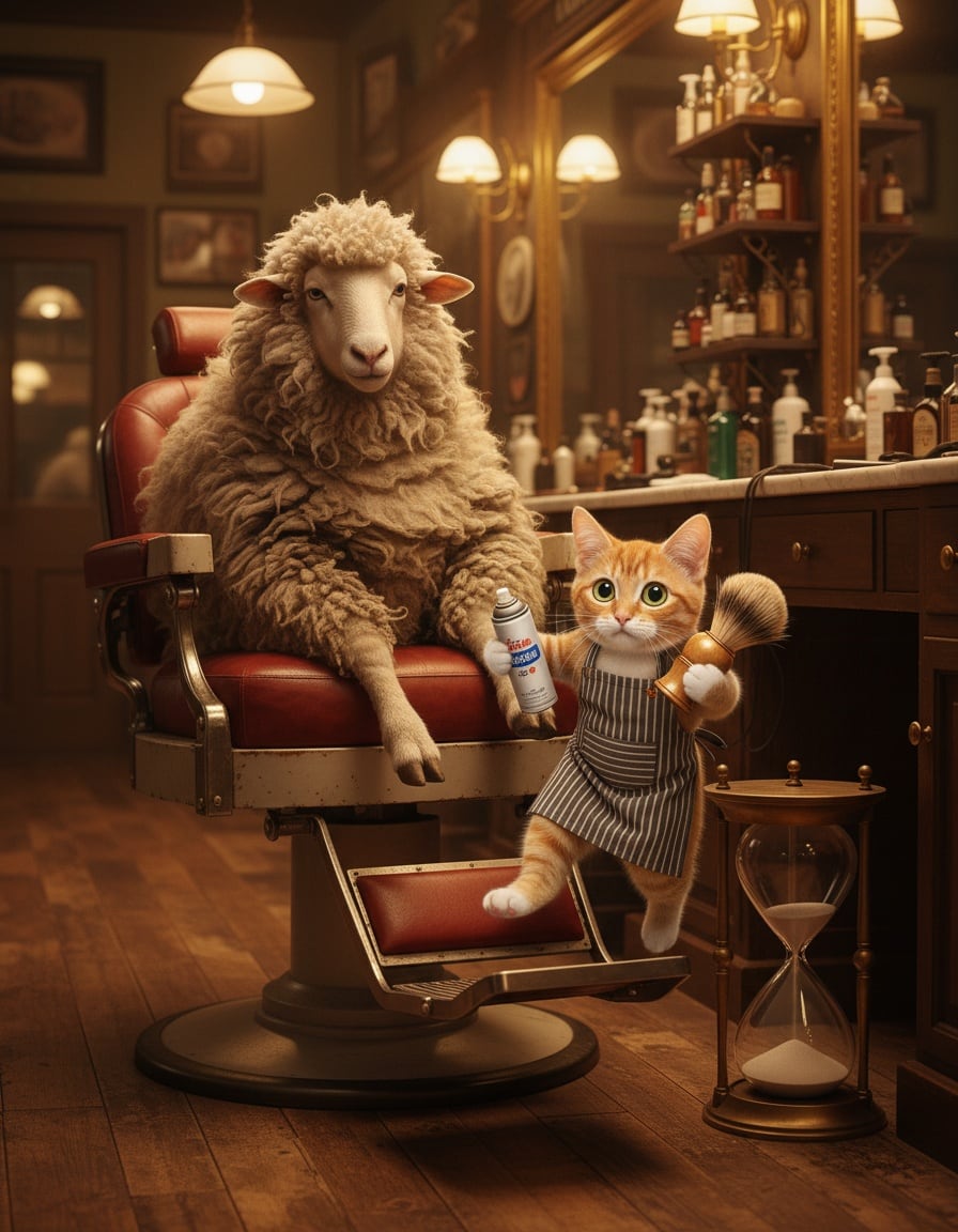 A ginger cat barber hurries to foam up an impatient woolly sheep in a barber chair.