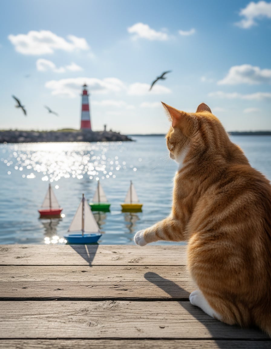 A ginger cat on a wooden dock points at four small sailboats in a harbor.