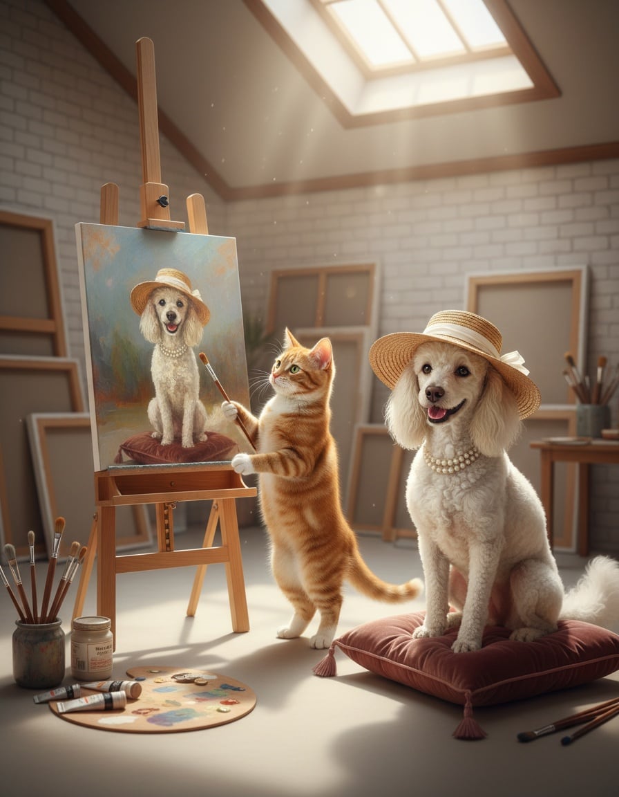 A ginger tabby cat painter shows an elegant lady poodle a portrait of herself.