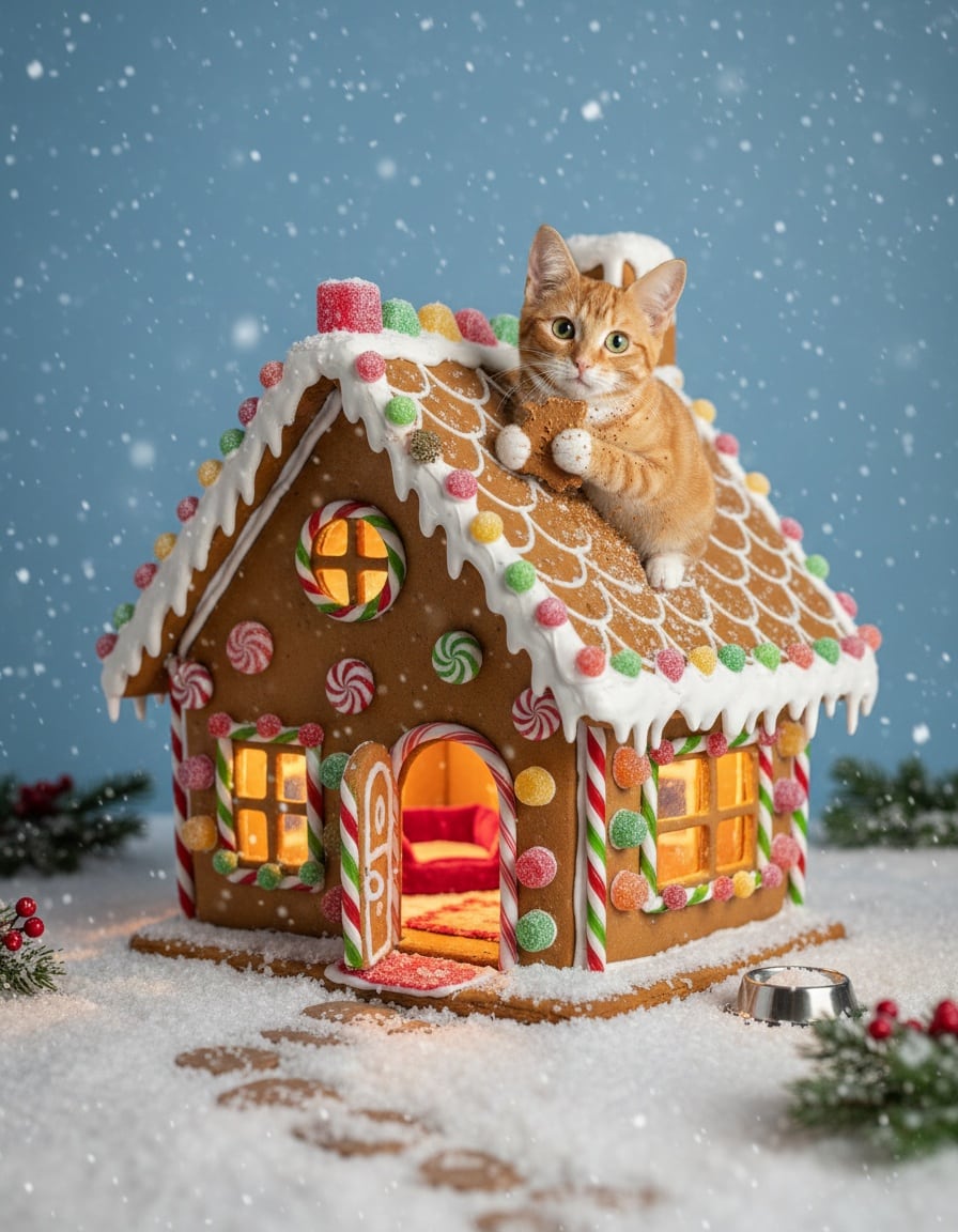 A ginger cat bites the roof of her own gingerbread house in a snowy garden at dusk.