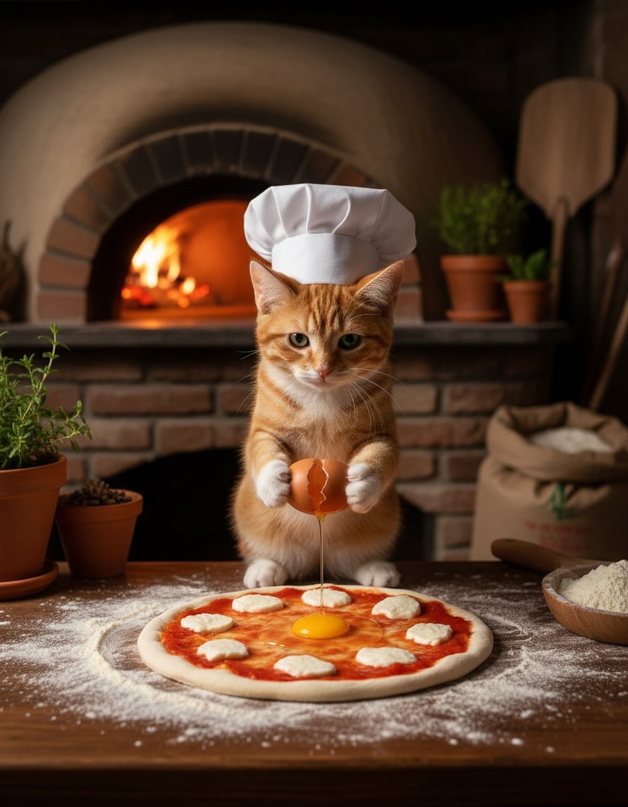 A ginger cat in a chef's hat cracks an egg onto a pizza in a pizzeria.