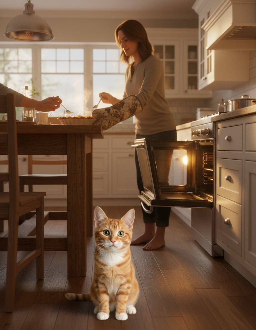 A ginger cat in oven mitts serves a steaming pie from a shiny oven to waiting guests.