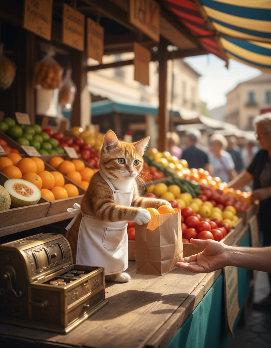 A ginger tabby cat in an apron works as a cashier at a fruit market stall, handing a bag of oranges to a customer.
