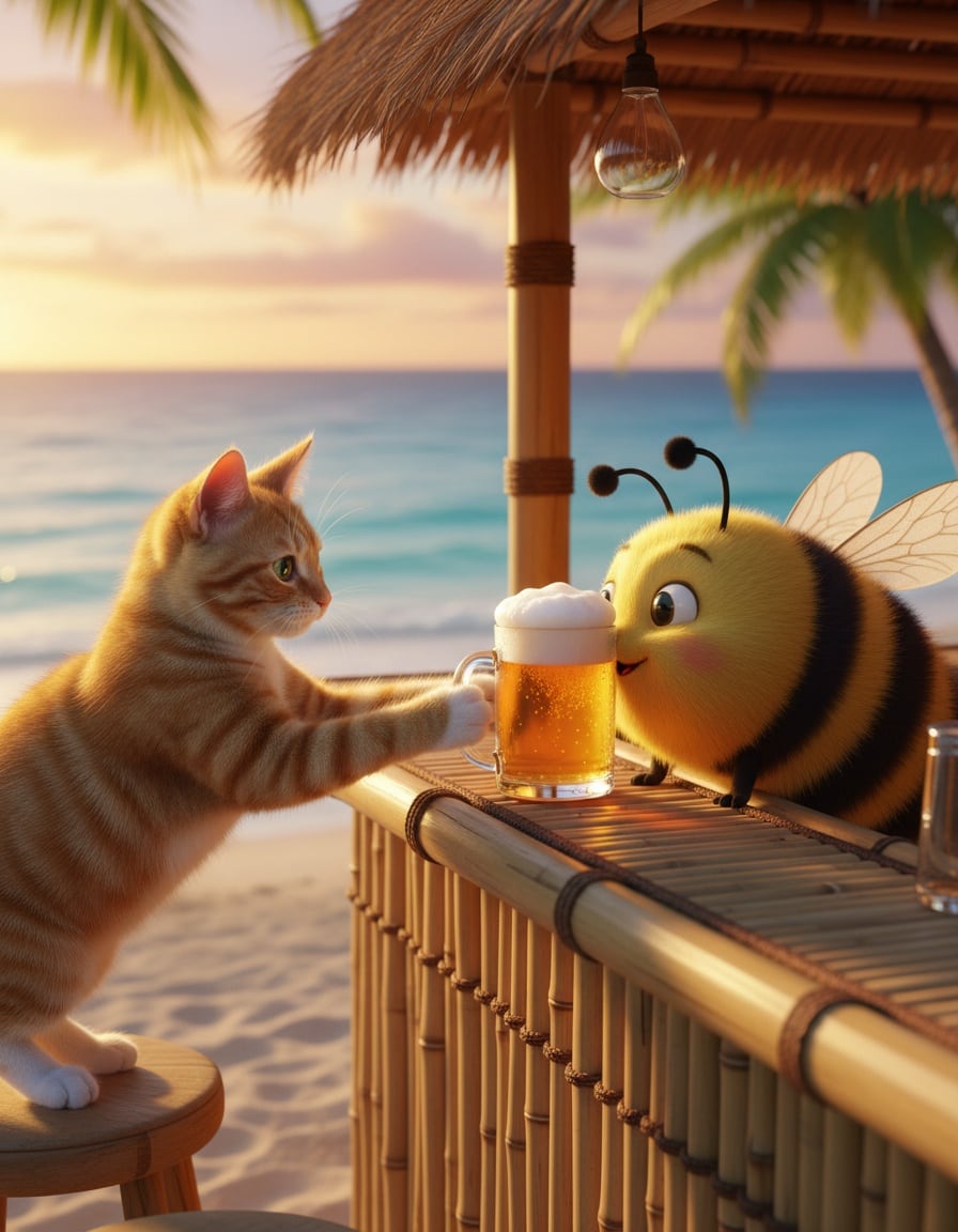 A ginger tabby cat at a beach bar serves a mug of foamy beer to a fuzzy bee.