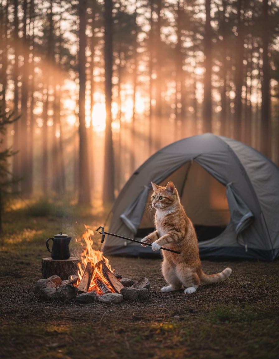 A ginger tabby cat holds a fire poker over a campfire at sunrise, looking toward a tent as it opens.