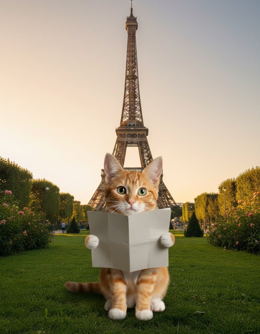 A puzzled ginger tabby cat holds a map, unaware that the Eiffel Tower stands right behind her.