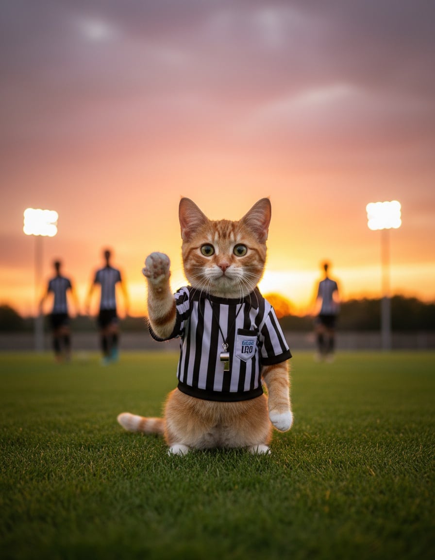 A ginger tabby cat in a referee shirt raises a paw to greet players on a soccer field at sunset.