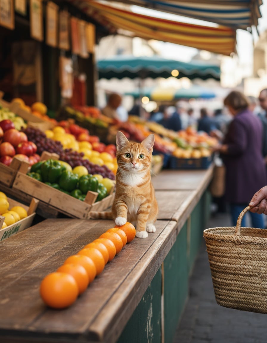 A ginger cat at a market stall lines up ten oranges for a customer's basket.