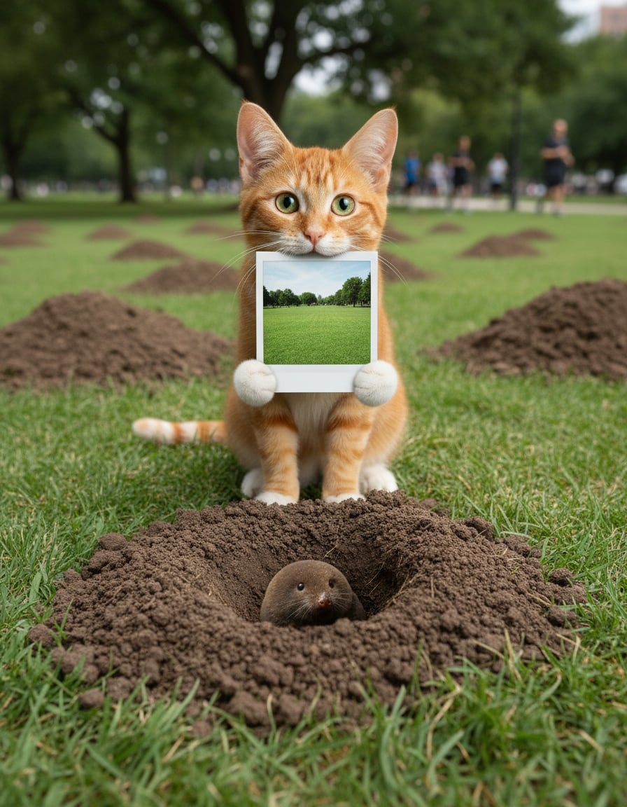 A ginger tabby cat shows a mole a photo of the smooth lawn from yesterday, now full of molehills.