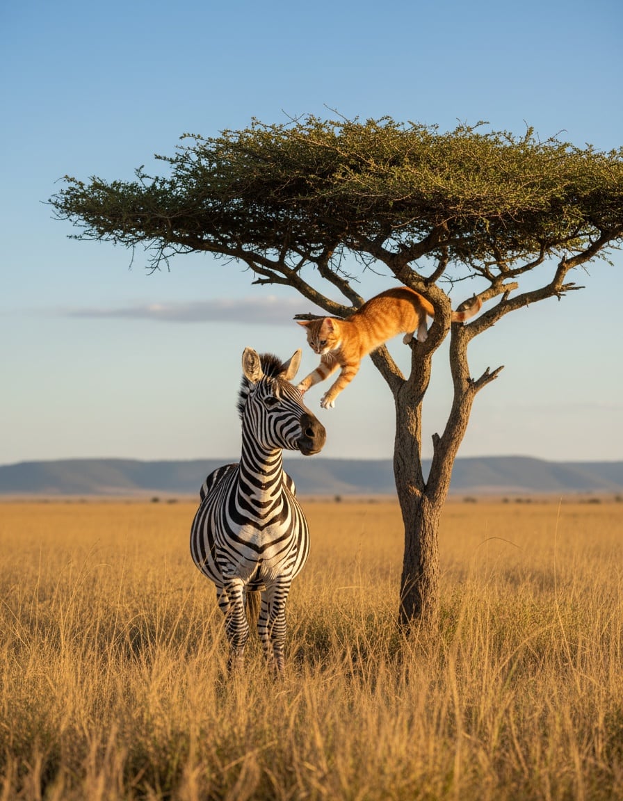 A ginger tabby cat stuck in an acacia tree reaches down to a zebra that has come to help her climb down.