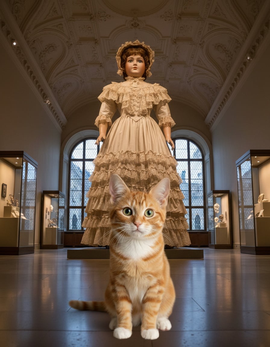 A small ginger tabby cat looks up at a gigantic doll in a museum hall.
