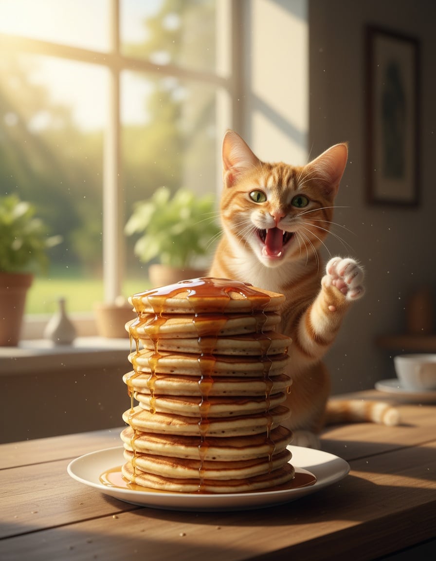 A delighted ginger tabby cat on a kitchen counter grins at a tall stack of pancakes in morning sunlight.