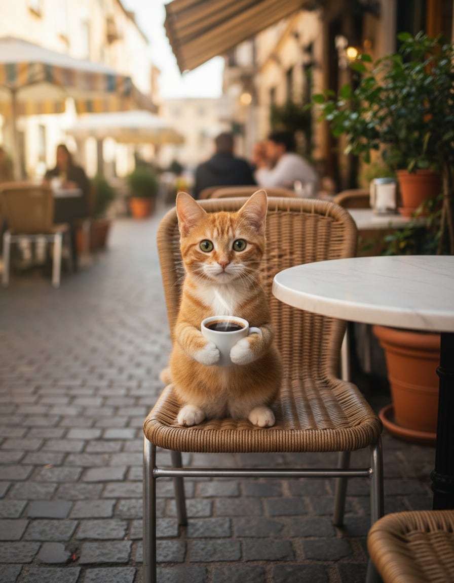 A ginger tabby cat sits at an outdoor café table holding a small steaming cup of coffee.