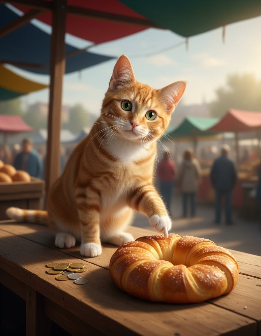 A ginger cat on a market stall points at a big comma-shaped pastry next to a small pile of coins.
