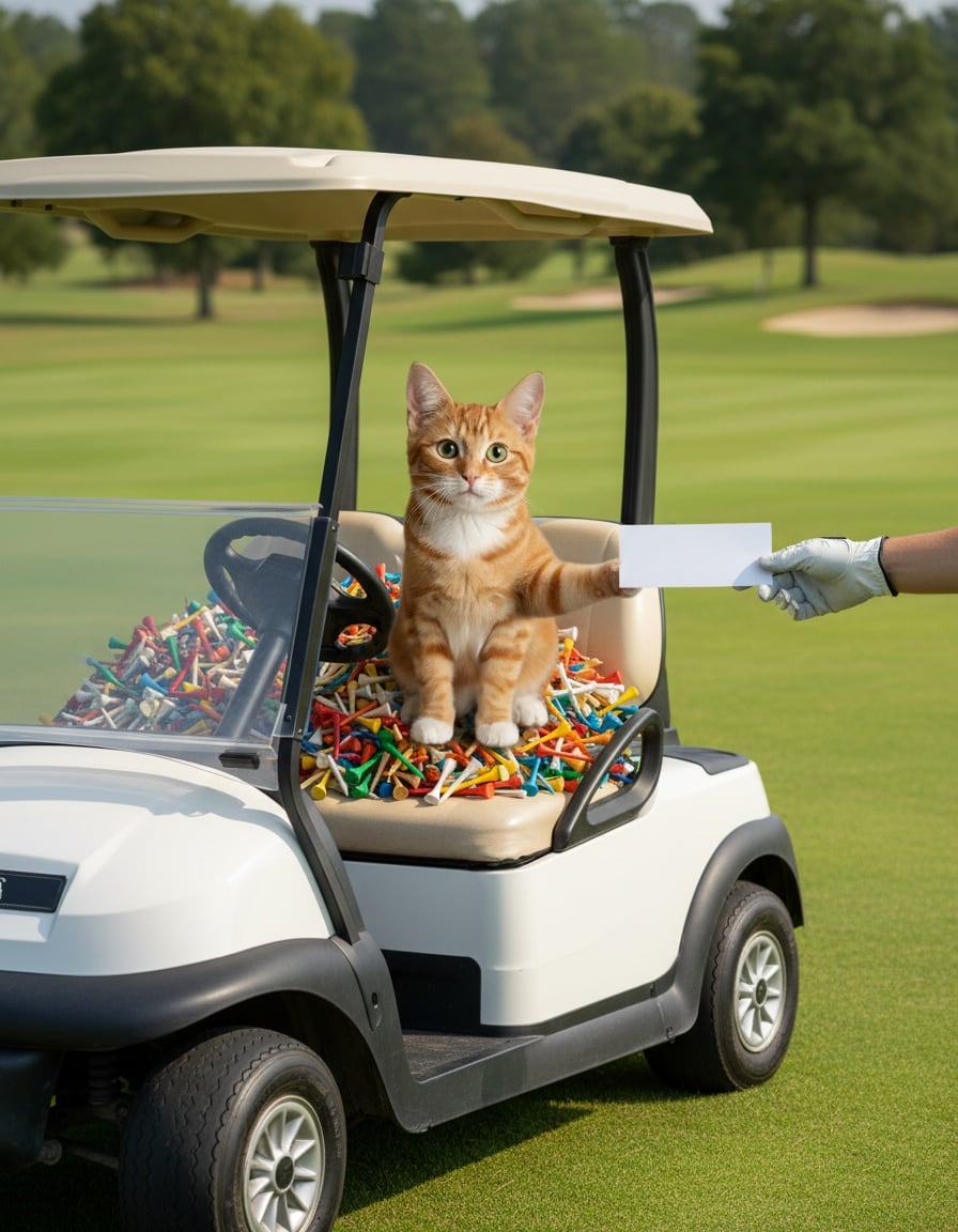 A ginger cat in a golf cart full of golf tees holds up a ticket to a waiting hand on a sunny golf course.