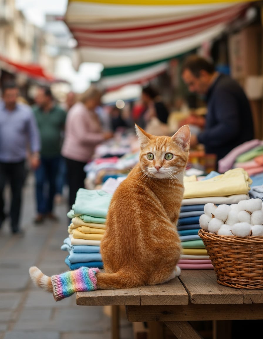 A ginger cat at a market stall has a tiny cotton sweater on the tip of her tail.