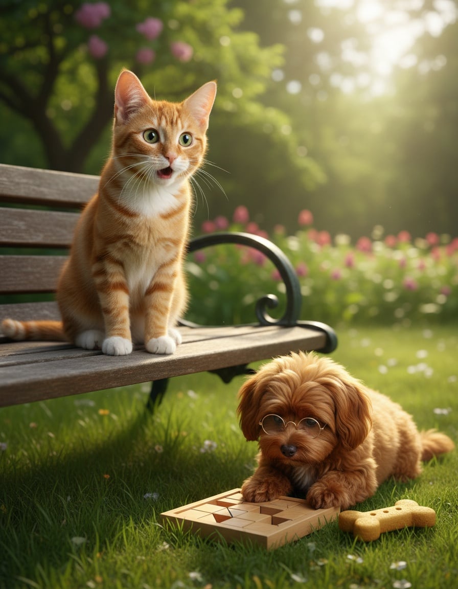 A surprised ginger tabby cat watches a dog in glasses solving a block puzzle in a park.