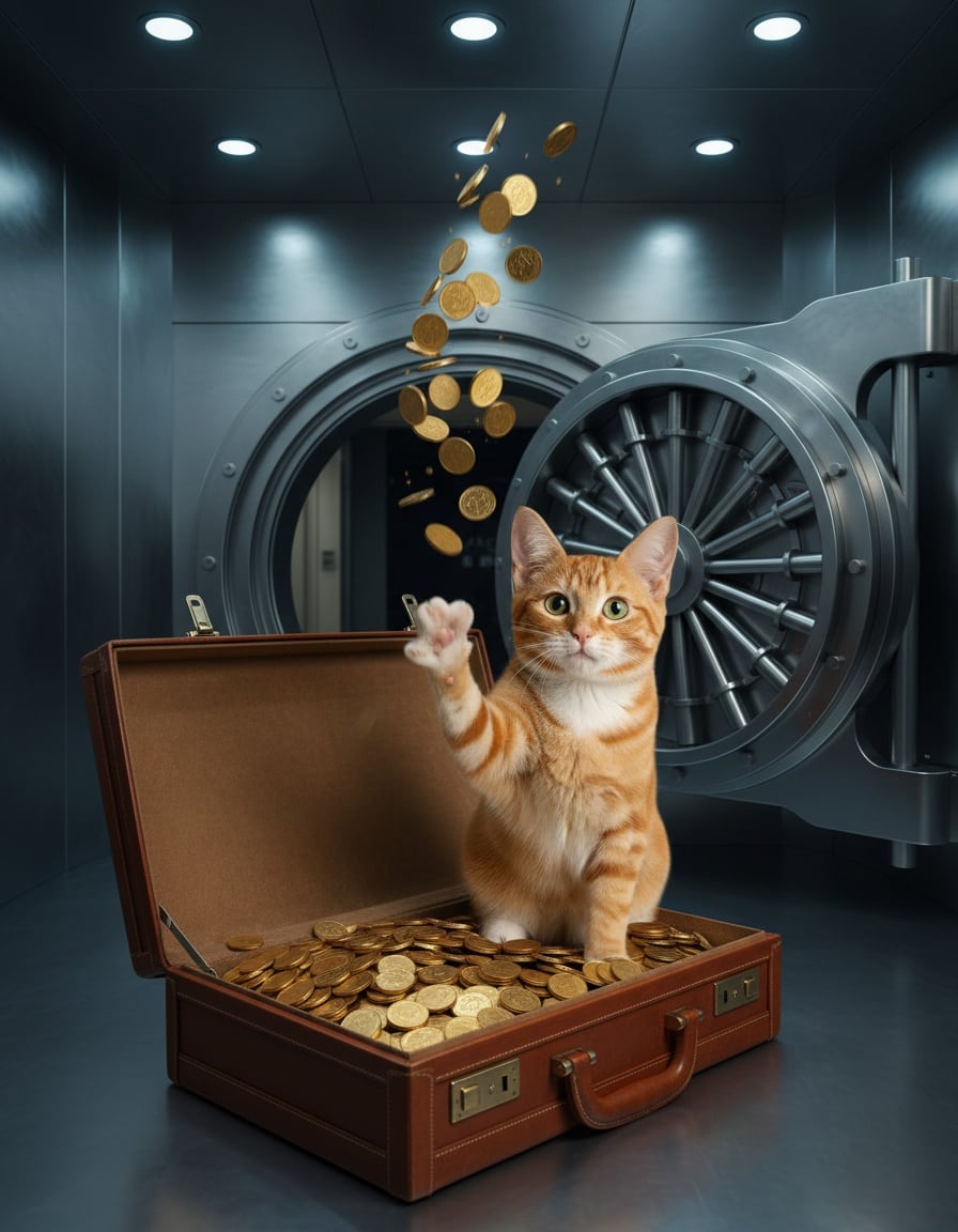 A ginger tabby cat in a bank vault tosses gold coins from an open briefcase full of money.