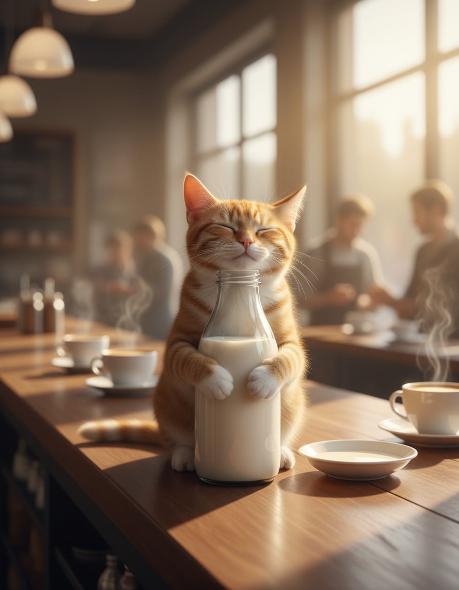 A blissful ginger cat hugs a big bottle of milk on a café counter.