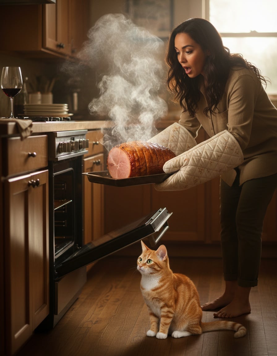 A ginger cat in big oven mitts lifts a steaming hot ham out of an oven.