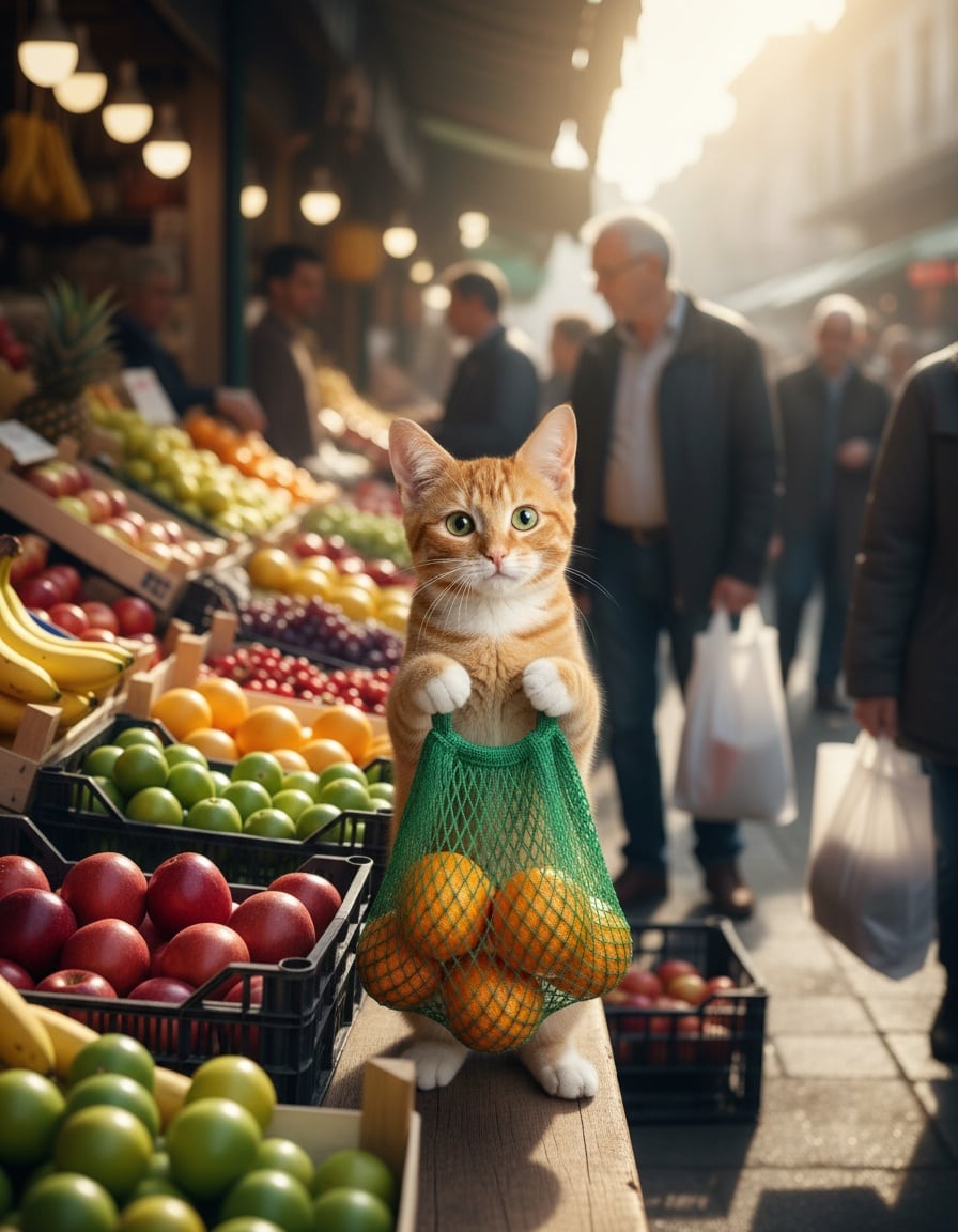 A ginger tabby cat at a fruit market holds up a mesh bag with five oranges inside.