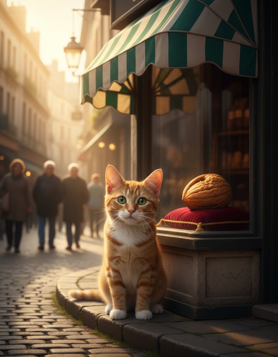 A ginger tabby cat stands in the doorway of a little shop whose window displays one giant walnut.