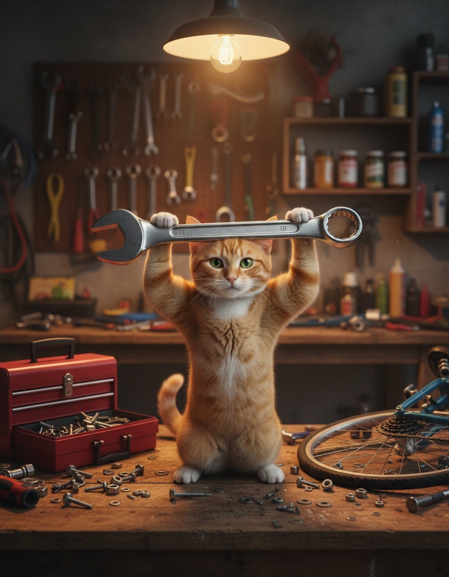 A ginger tabby cat stands on a workbench holding up a giant wrench in a garage.