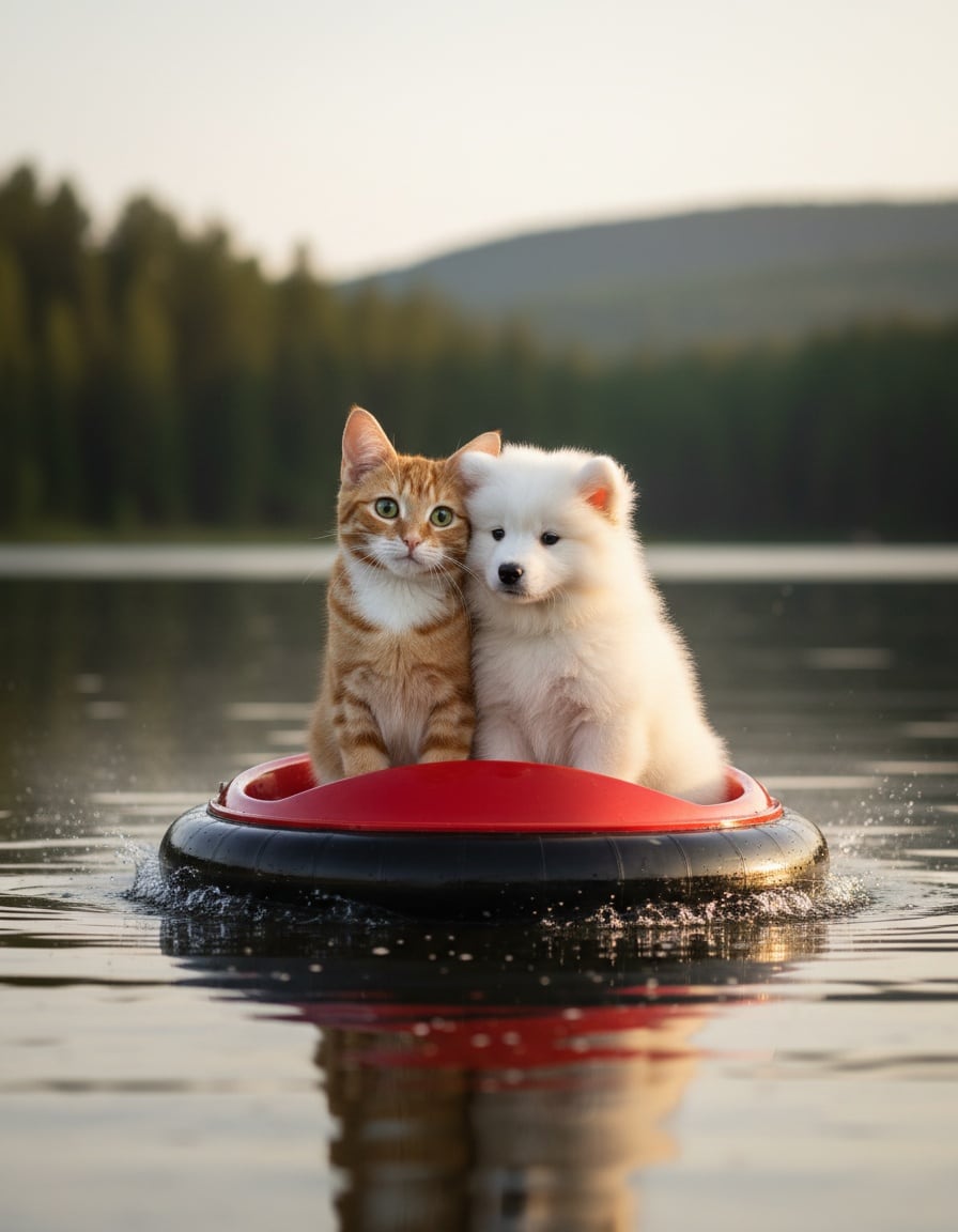 A ginger cat and a fluffy puppy ride a small hovercraft together across a lake.
