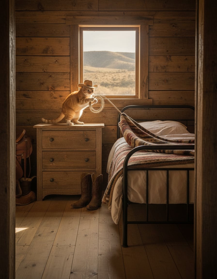 A ginger tabby cat in a cowboy hat uses a lasso to make a bed in a ranch bedroom.