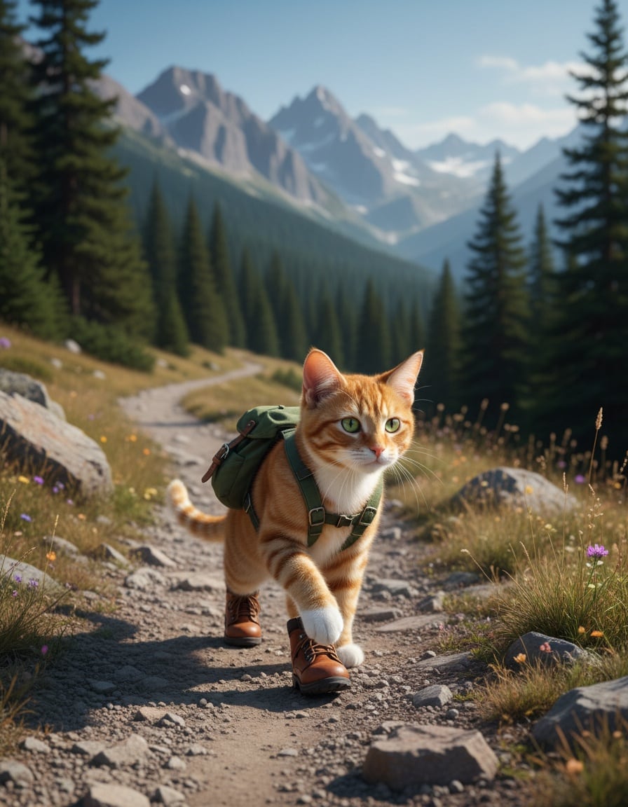 A ginger tabby cat in hiking boots and a backpack walks up a mountain trail.