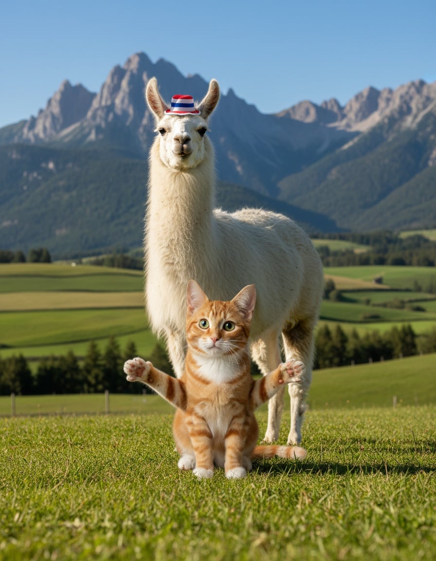 A puzzled ginger cat looks up at a llama wearing a tiny hat on a mountain farm.