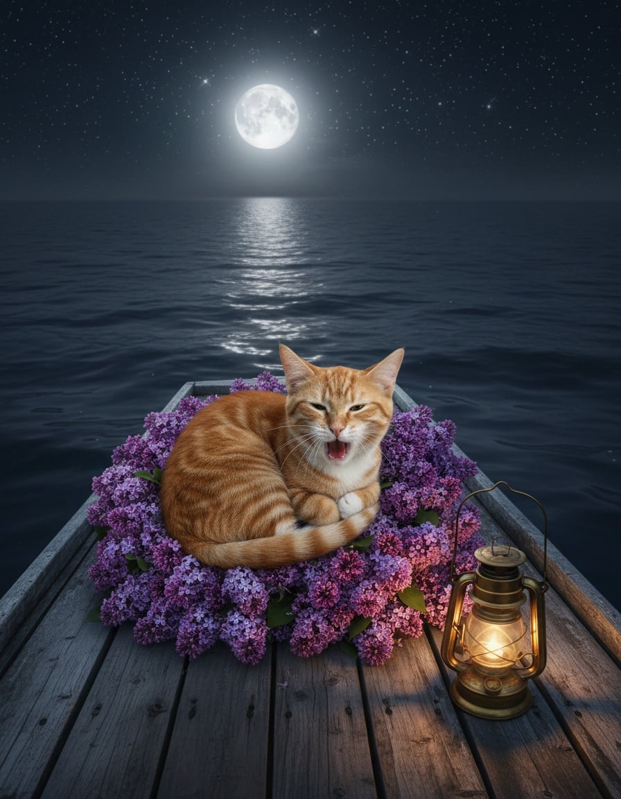 A sleepy ginger tabby cat yawns while curled up in purple lilac flowers on a boat deck under a full moon.