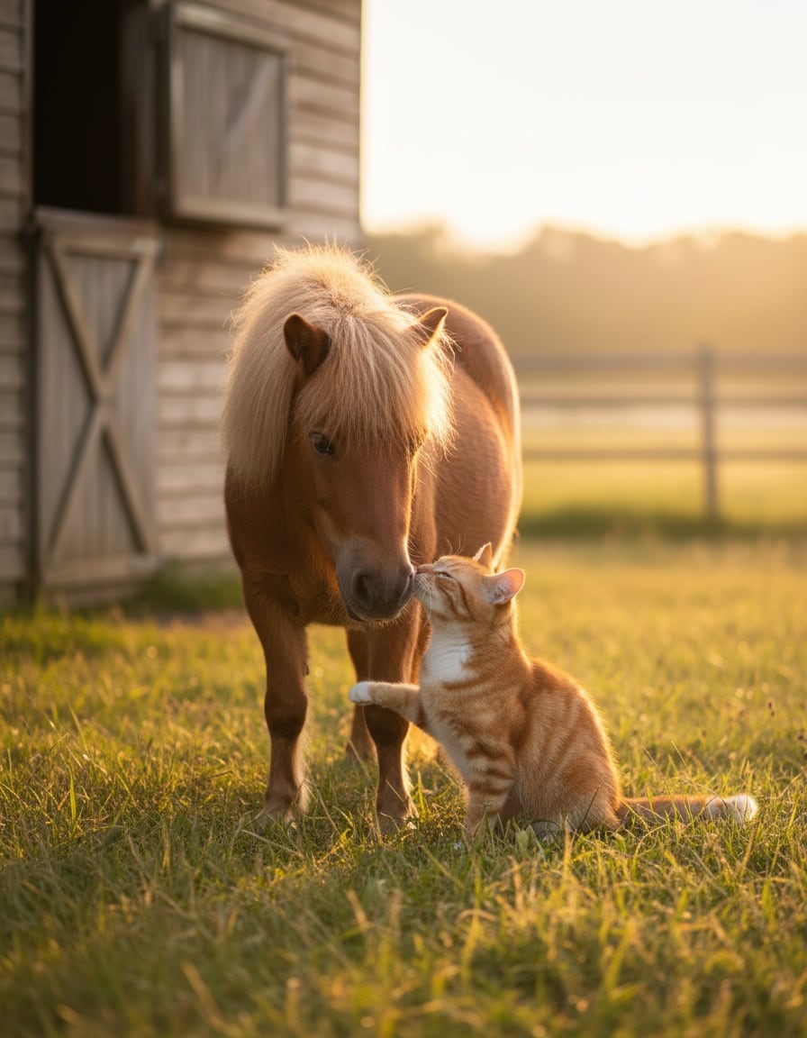 A ginger cat and a pony nuzzle lovingly in a meadow, the pony's hoof resting on the cat's shoulder.
