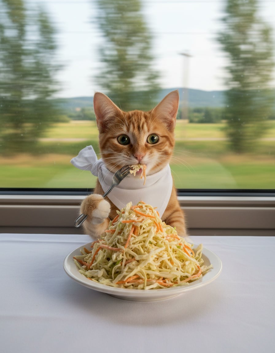 A ginger cat wearing a napkin eats a huge bowl of coleslaw at a table on a train.