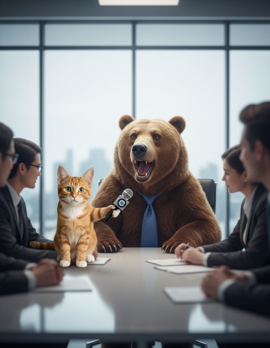 A ginger cat holds a microphone to a bear in a tie who is speaking in an office meeting.
