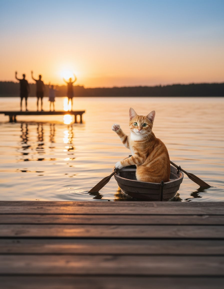 A ginger tabby cat in a small rowboat waves goodbye toward a dock at sunset.