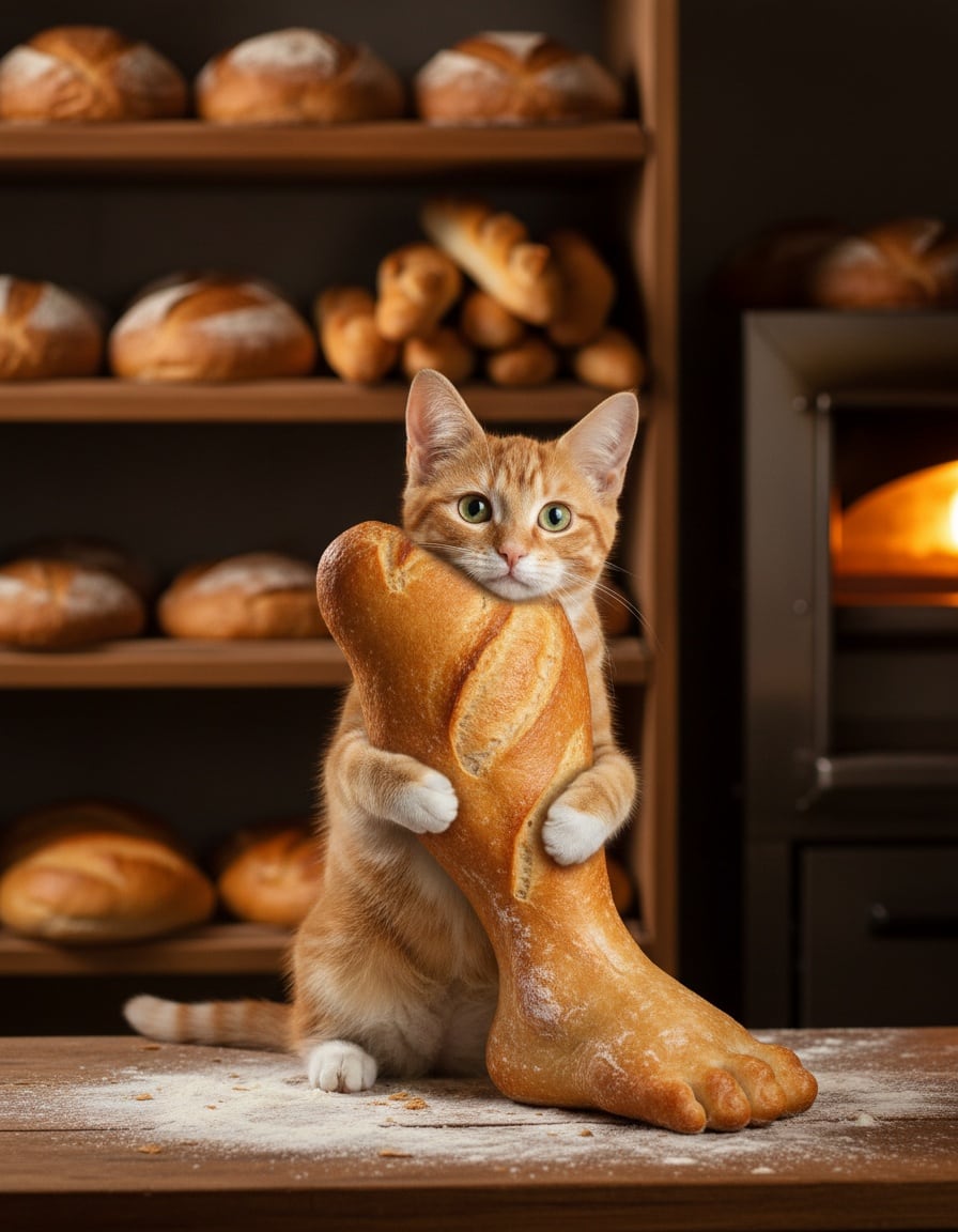 A ginger cat in a bakery hugs a large loaf of bread shaped like a leg.
