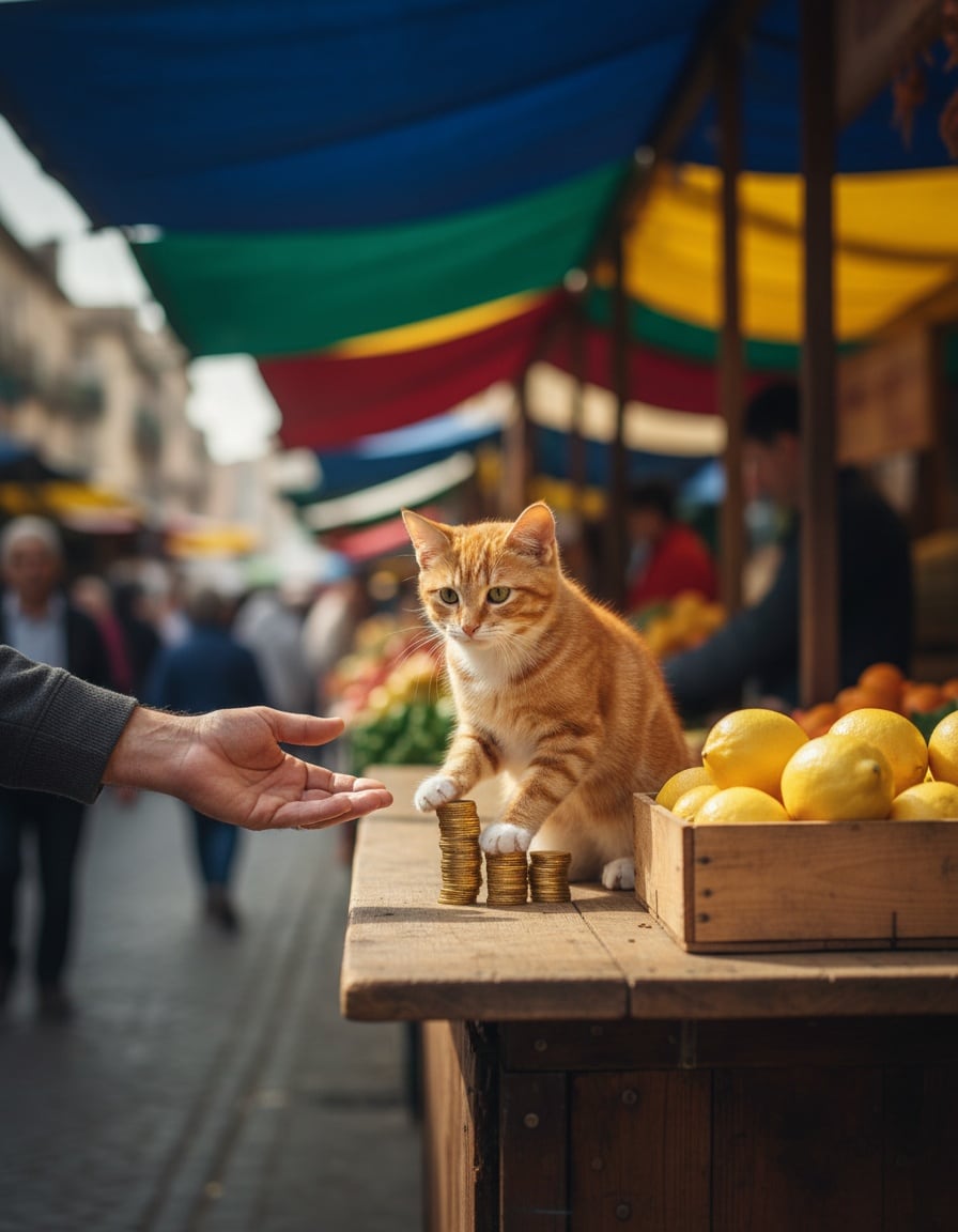 A ginger cat at a market stall pays coins to a vendor for a big crate of lemons.