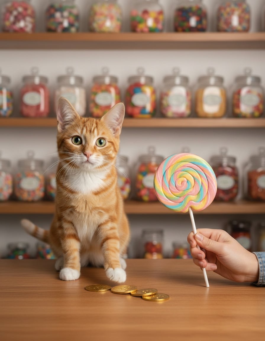 A ginger cat pays coins at a candy shop counter for a giant knotted lollipop.