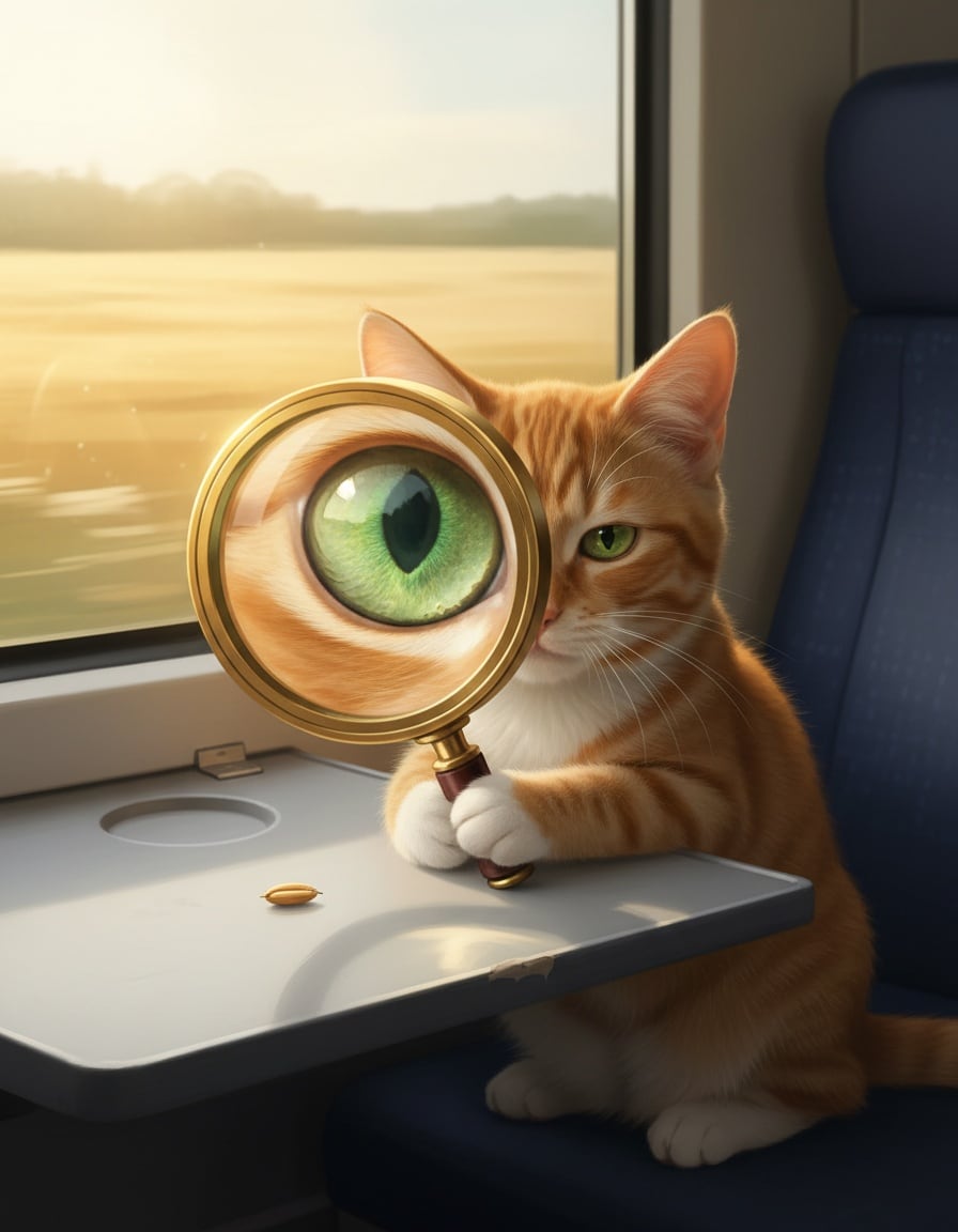 A ginger cat on a train looks at a single oat through a giant magnifying glass.