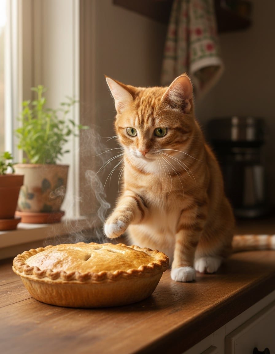 A ginger cat stares longingly at a steaming hot pie on a kitchen windowsill.